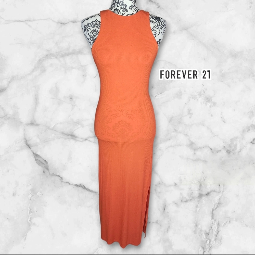 FOREVER 21 Orange Sleeveless Ribbed Maxi Dress - Medium